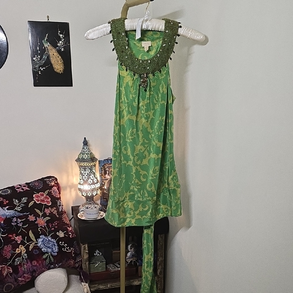 Plenty by Tracy Reese Green Embellished 100% Silk Halter Top